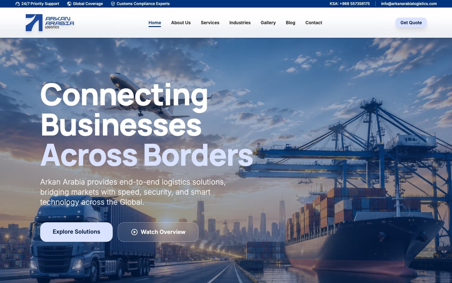 Arkan Arabia Logistics website homepage with the headline 'Connecting Businesses Across Borders' over a port scene.