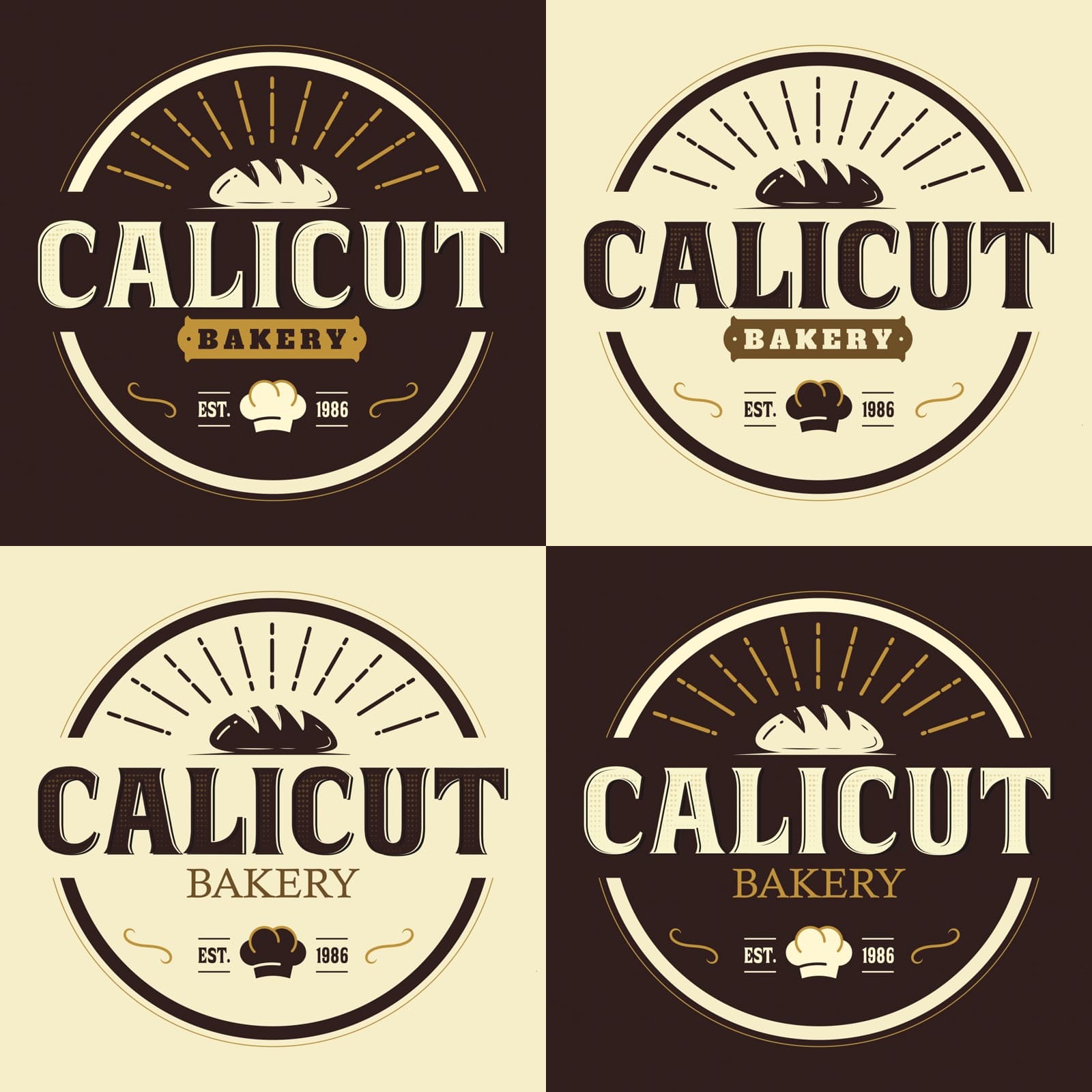 Calicut Bakery badge logo in cream and gold on dark brown.