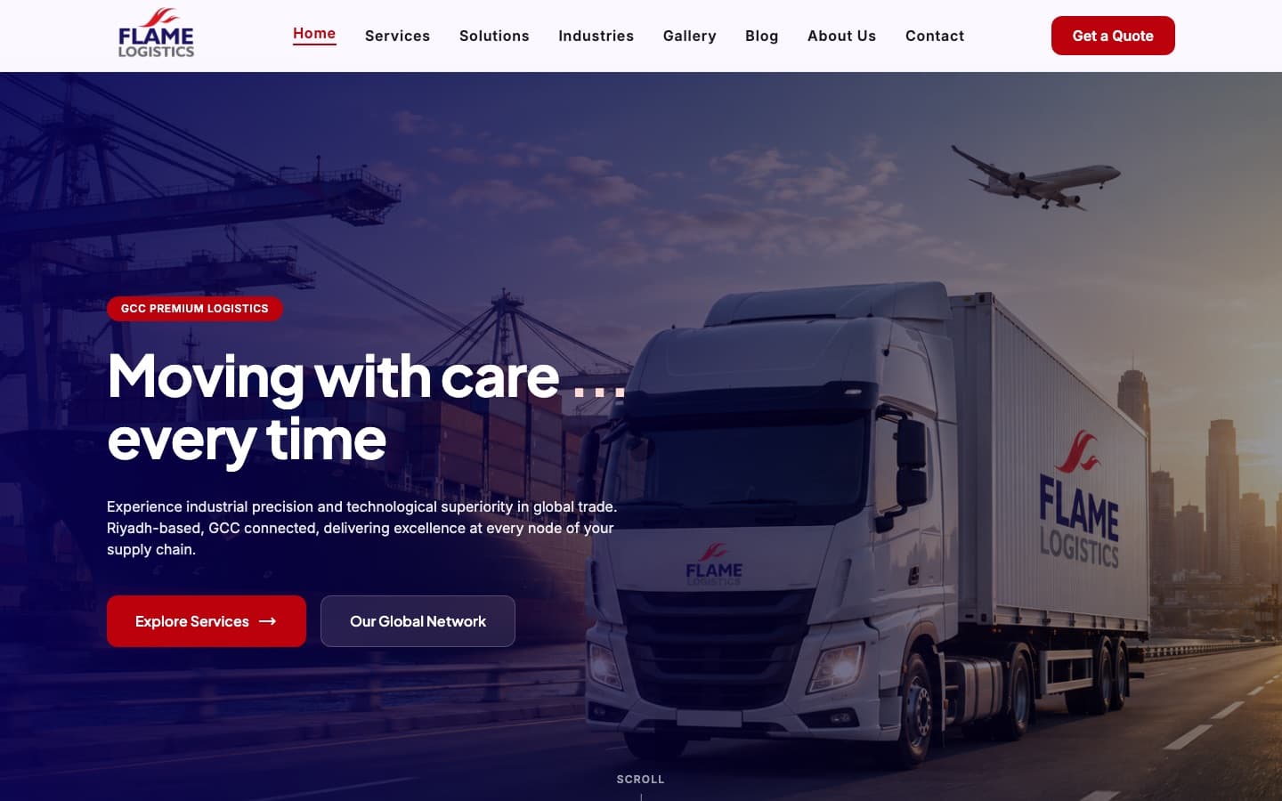 Flame Logistics website homepage showing a branded truck at a port with the headline 'Moving with care … every time'.