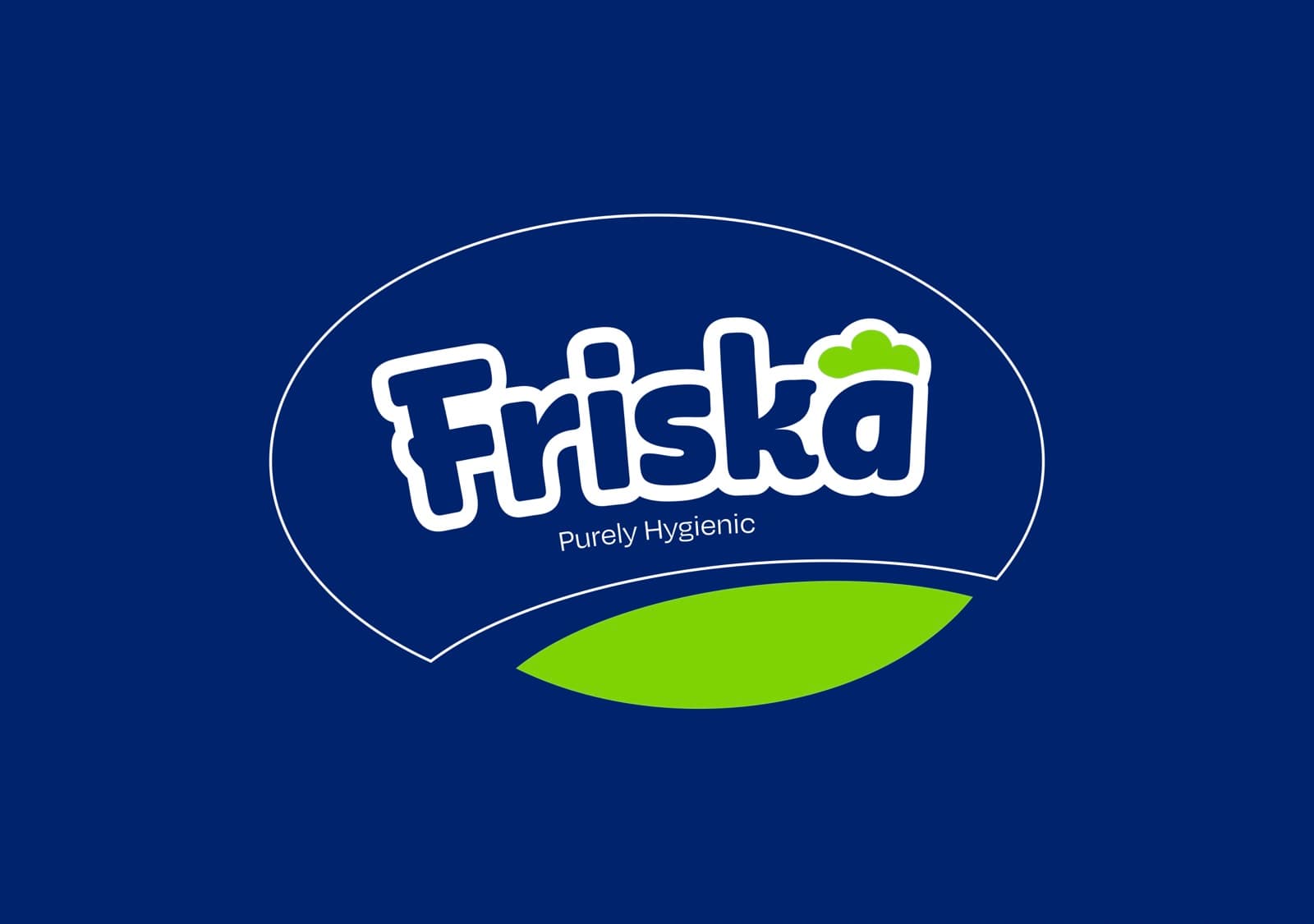 Friska “Purely Hygienic” logo in blue, white and green on a navy background.