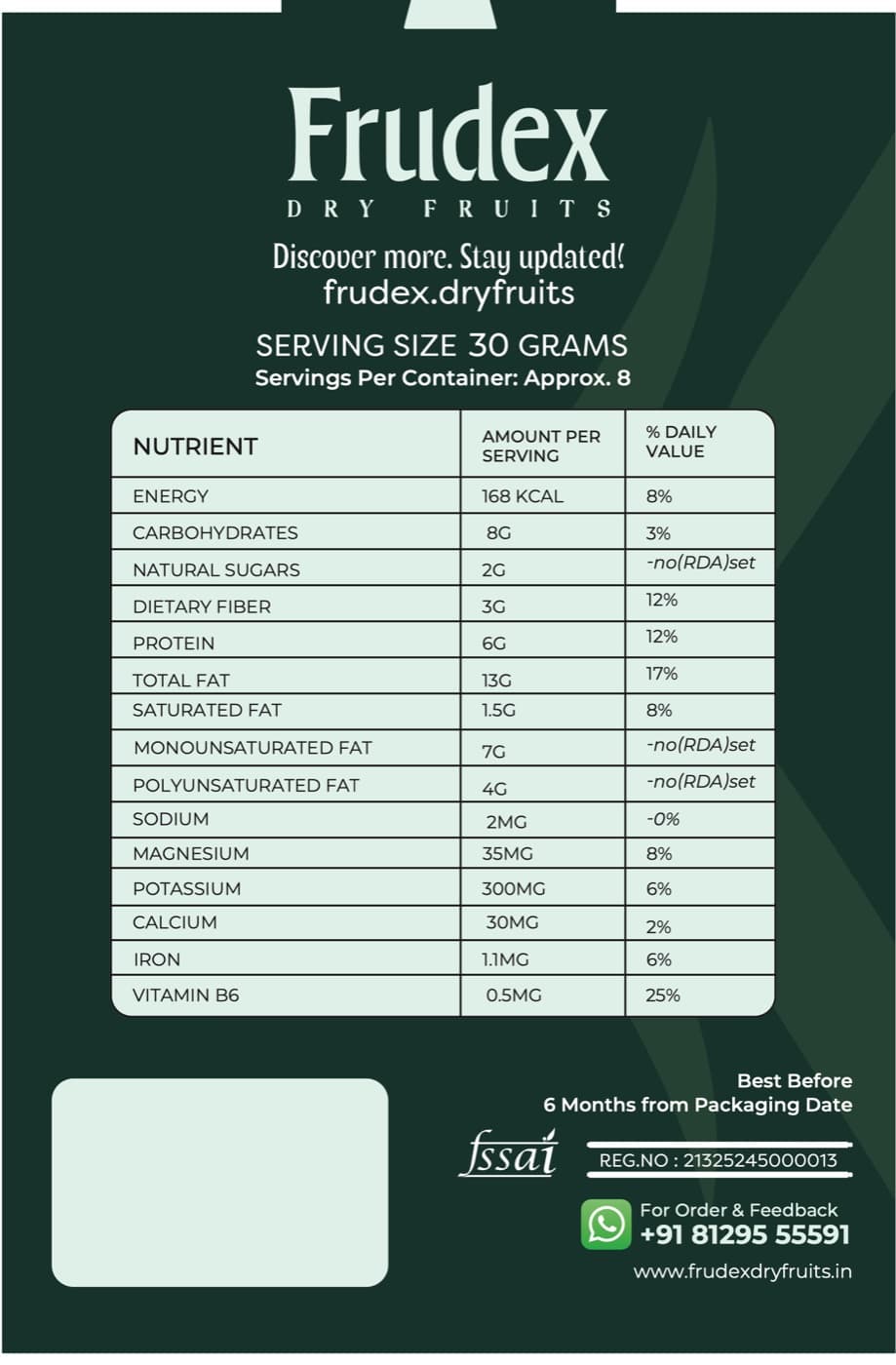 Frudex pistachios label back panel with nutrition facts