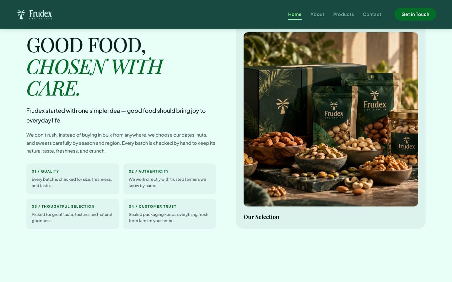 Frudex Dry Fruits — Brand story with four quality promises