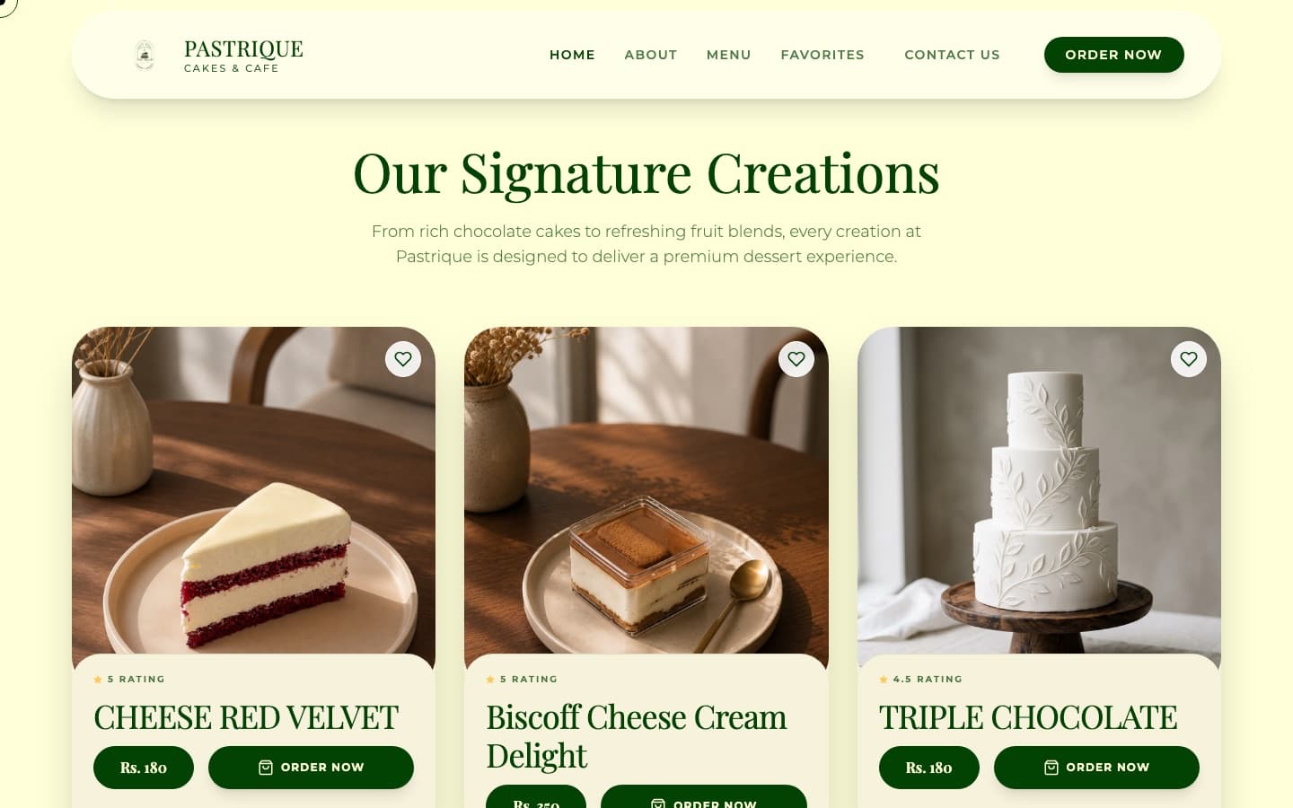 Pastrique Cakes & Cafe — Signature creations with prices and quick ordering