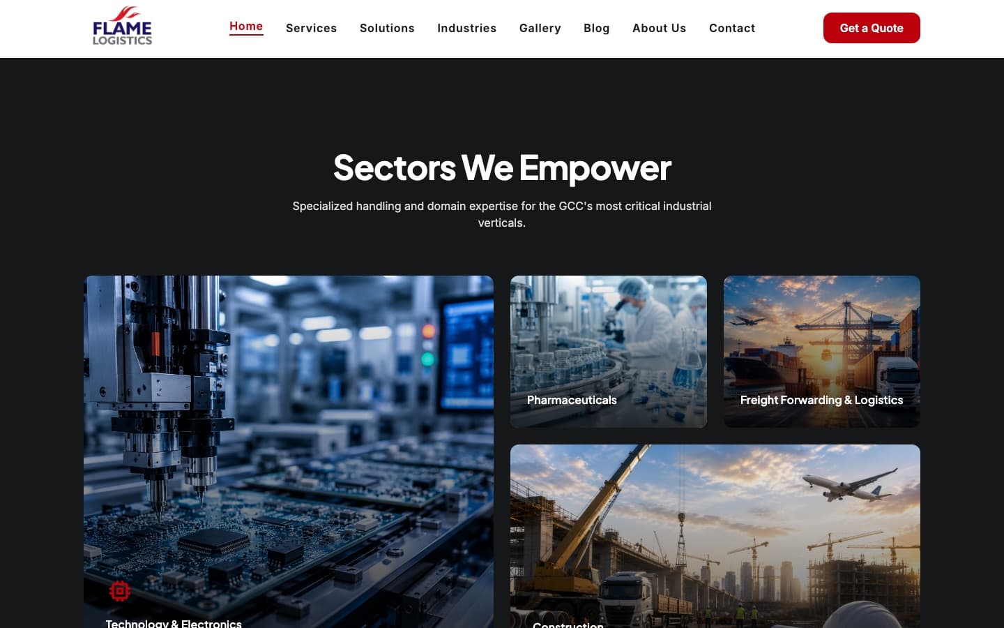 Flame Logistics — Sectors — technology, pharmaceuticals, freight and construction