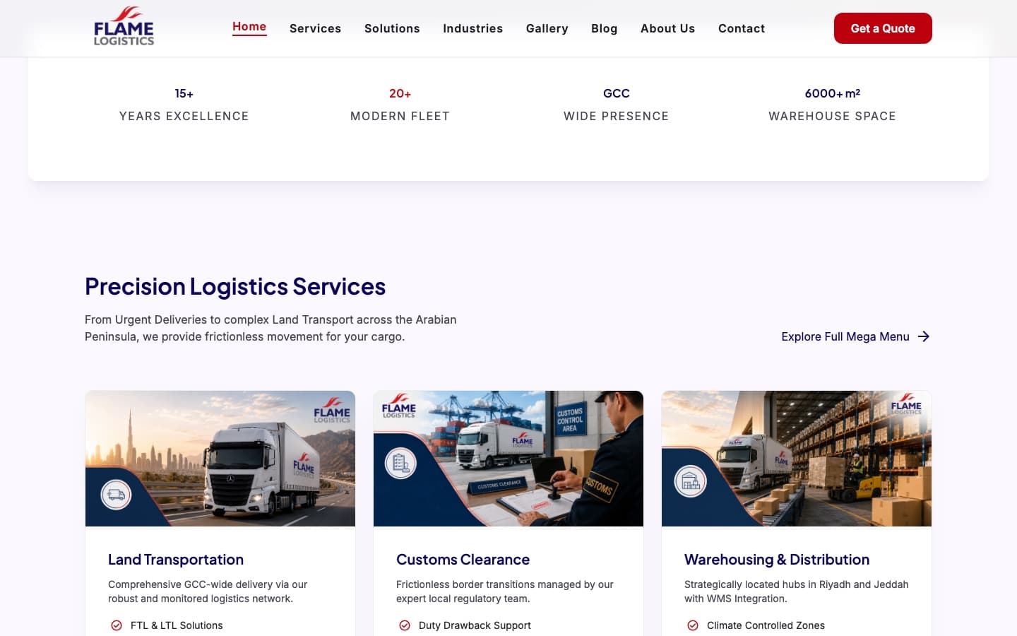 Flame Logistics — Services with key features and branded photography